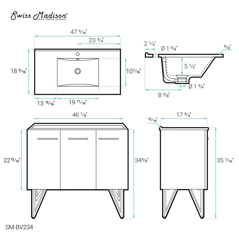 Swiss Madison Annecy 48 Single, Brushed Grey, Two Doors, One Drawer, Bathroom Vanity