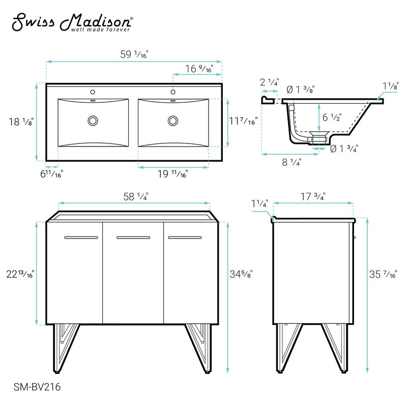 Swiss Madison Annecy 60 Double, Glossy White, Two Doors, One Drawer, Bathroom Vanity