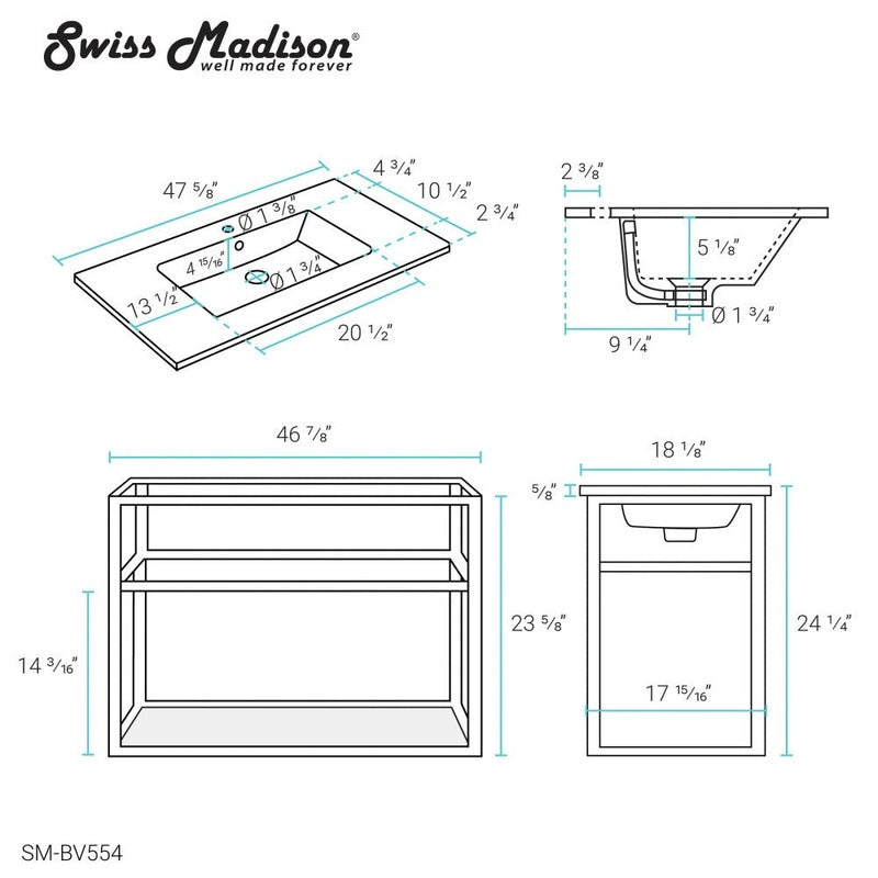 Swiss Madison Pierre 48 Single, Metal Frame, Open Shelf, Bathroom Vanity