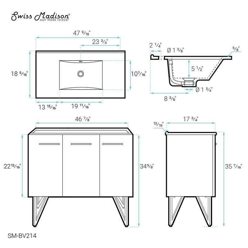 Swiss Madison Annecy 48 Single, Glossy White, Two Doors, One Drawer, Bathroom Vanity