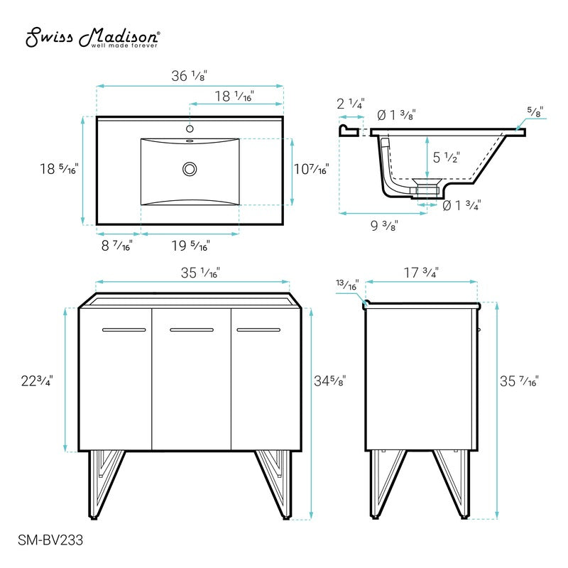 Swiss Madison Annecy 36 Single, Brushed Grey, Two Doors, One Drawer, Bathroom Vanity