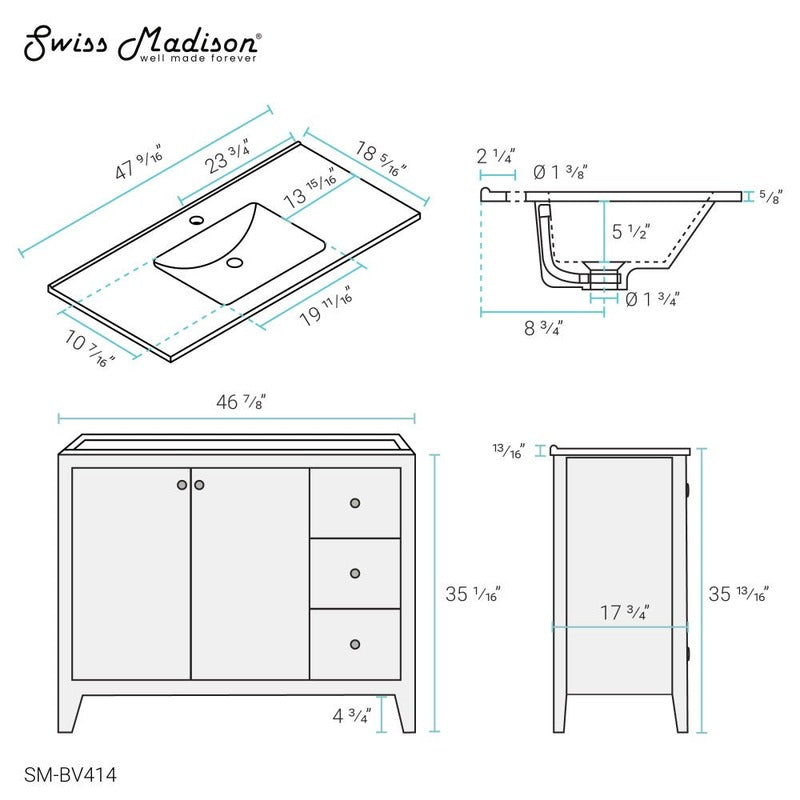 Swiss Madison Cannes 48 Single, Two Doors, Three Drawers, Bathroom Vanity