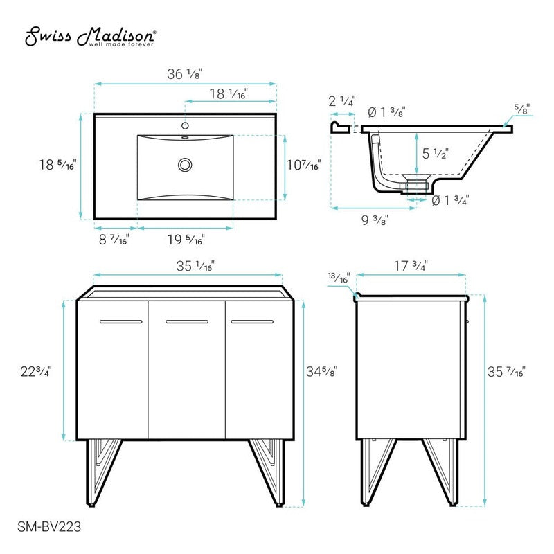 Swiss Madison Annecy 36 Single, Black Walnut, Two Doors, One Drawer, Bathroom Vanity