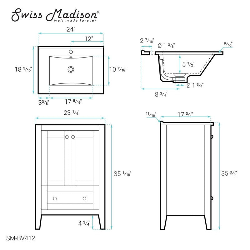 Swiss Madison Cannes 24 Single, Two Doors, One Drawer, Bathroom Vanity