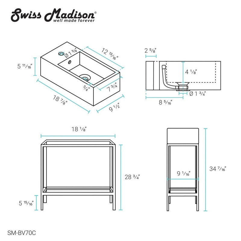 Swiss Madison Pierre 19.5 Single, Freestanding, Open Shelf, Chrome Metal Frame Bathroom Vanity