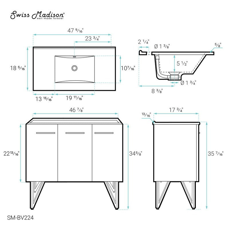 Swiss Madison Annecy 48 Single, Black Walnut, Two Doors, One Drawer, Bathroom Vanity