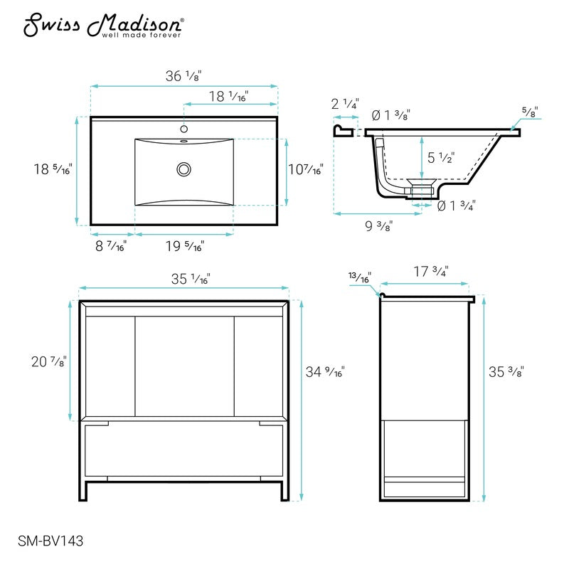 Swiss Madison Marseille 36 Single, Two Doors, One drawer, Open Shelf Bathroom Vanity
