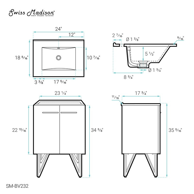 Swiss Madison Annecy 24 Single, Brushed Grey, Two Doors, Bathroom Vanity