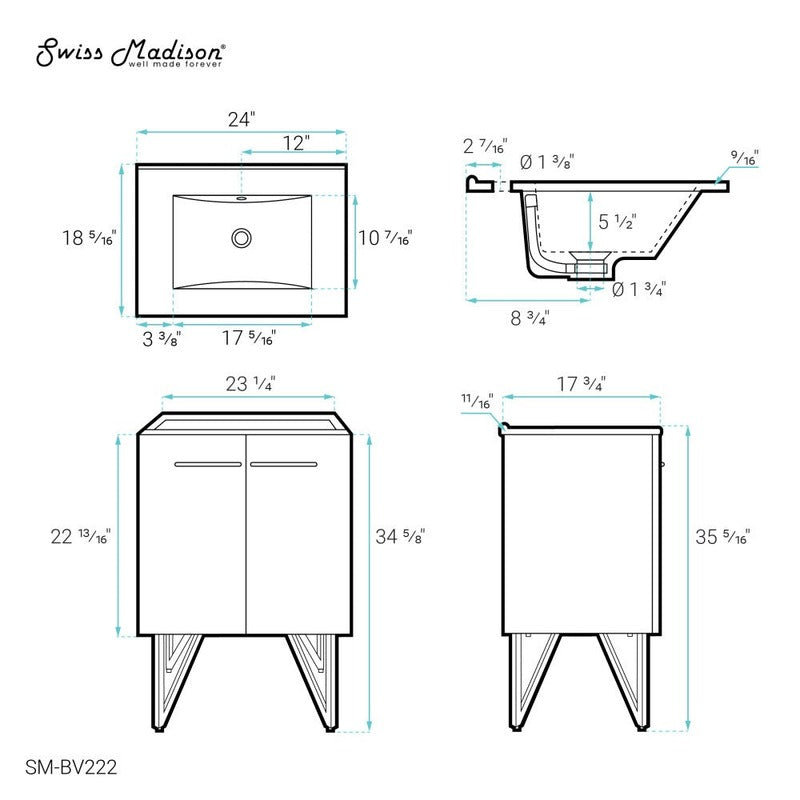 Swiss Madison Annecy 24 Single, Black Walnut, Two Doors, Bathroom Vanity