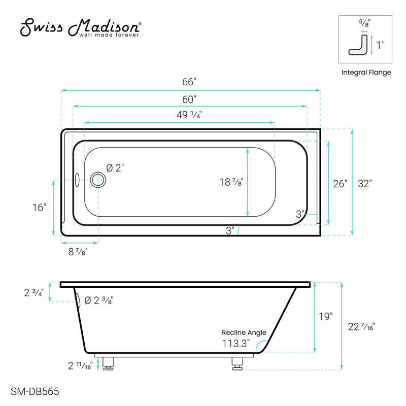 Swiss Madison Voltaire 66" X 32" Left-Hand Drain Alcove Bathtub