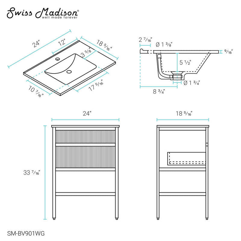 Swiss Madison Cache 24" Freestanding, Bathroom Vanity in White and Gold