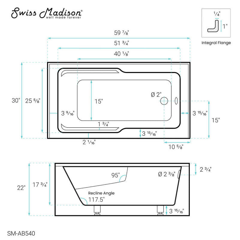 Swiss Madison Voltaire 60" X 30" Right-Hand Drain Alcove Bathtub with Apron and Armrest