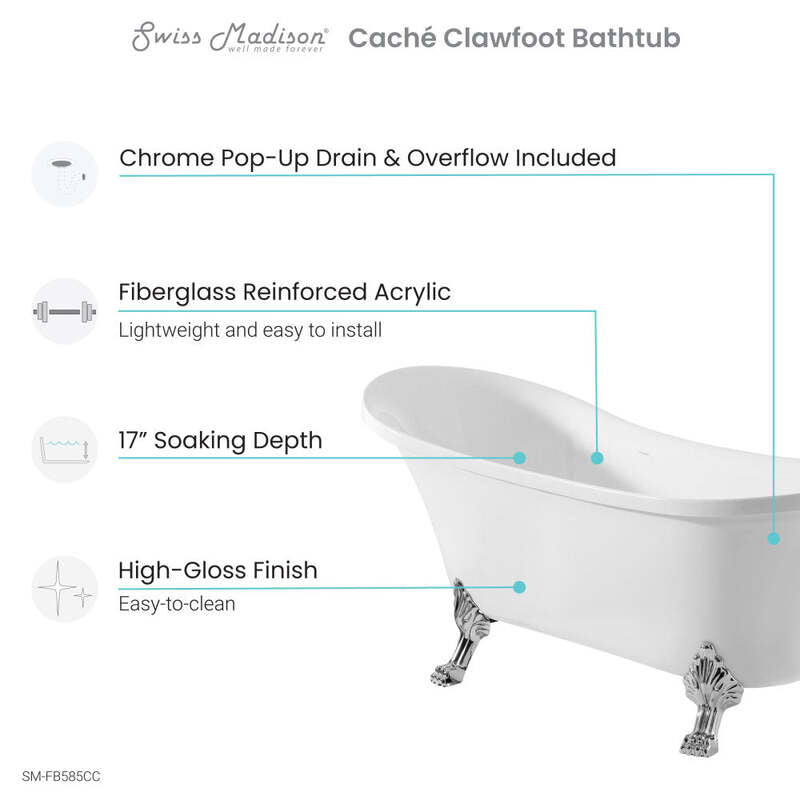 Swiss Madison Cache Single Slipper, Clawfoot Soaking Acrylic Bathtub, Chrome Clawfoot