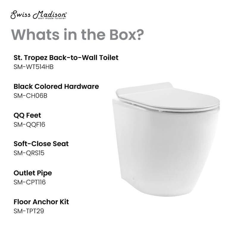 Swiss Madison St. Tropez Back to Wall Concealed Tank Toilet Bowl, Black Hardware