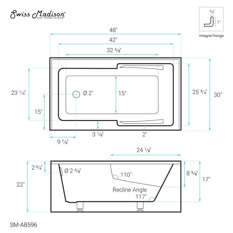 Swiss Madison Voltaire 48 x 30" Left-Hand Drain Alcove Integrated Armrest Bathtub with Apron