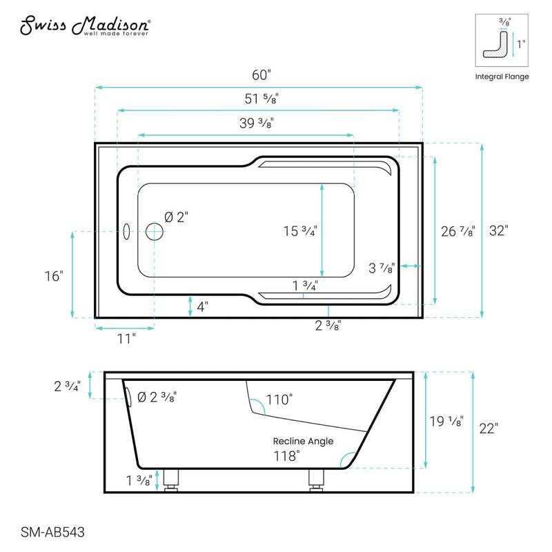 Swiss Madison Voltaire 60" X 32" Left-Hand Drain Alcove Bathtub with Apron and Armrest
