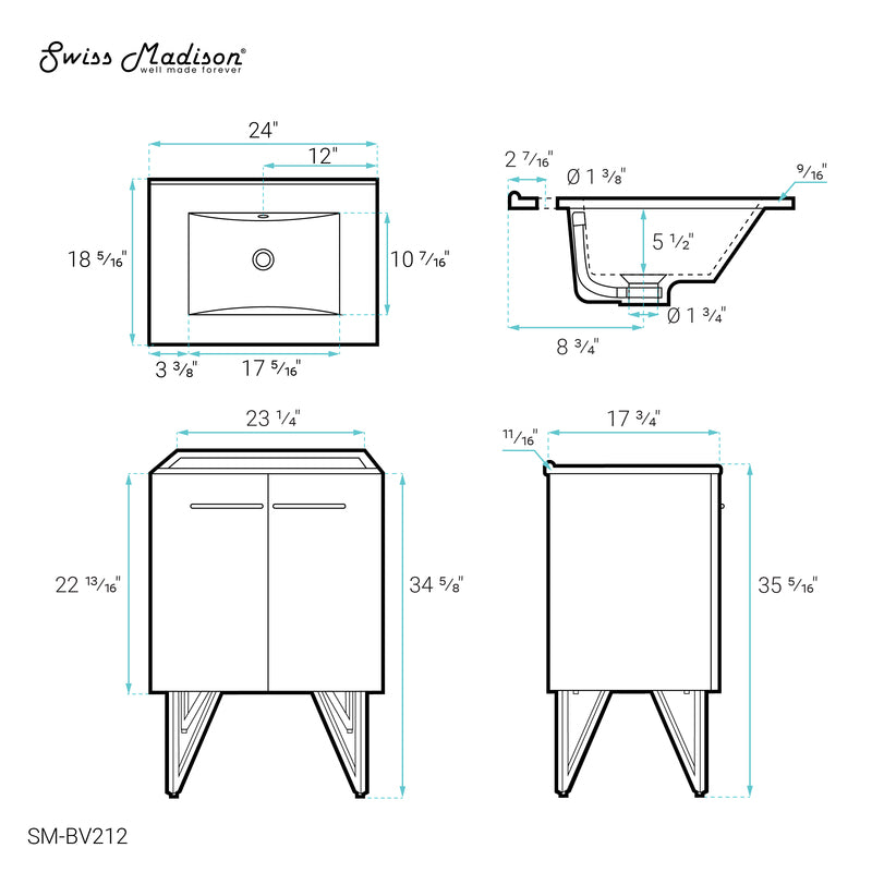 Swiss Madison Annecy 24 Single, Glossy White, Two Doors, Bathroom Vanity