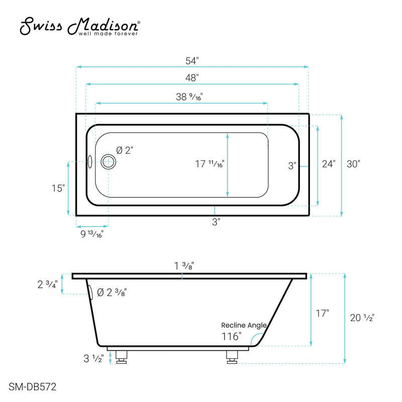 Swiss Madison Voltaire 54" x 30" Reversible Drain Drop-In Bathtub