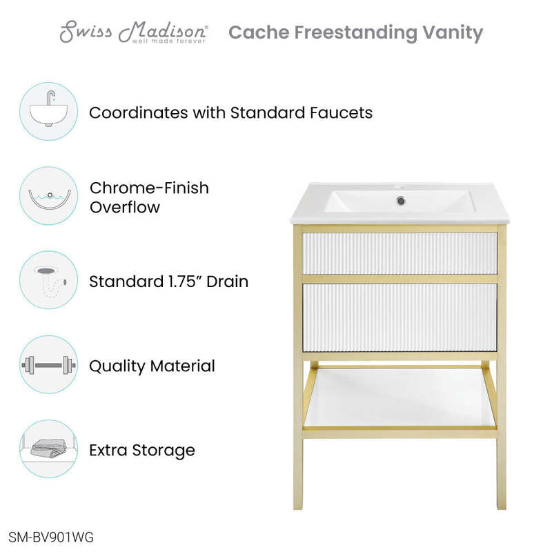 Swiss Madison Cache 24" Freestanding, Bathroom Vanity in White and Gold