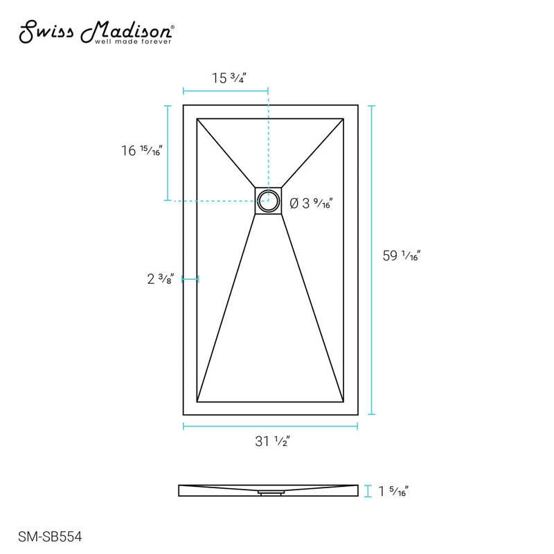 Swiss Madison Terre B Series 60" x 32" Reversible Drain Shower Base