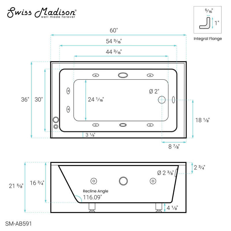 Swiss Madison Avancer 60" x 36" Right-Hand Drain Rectangular Alcove Whirlpool Bathtub with Apron