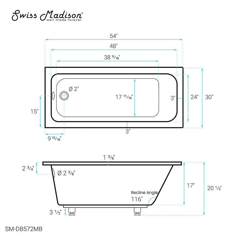 Swiss Madison Voltaire 54"x30" Reversible Drain Drop-In Bathtub in Matte Black