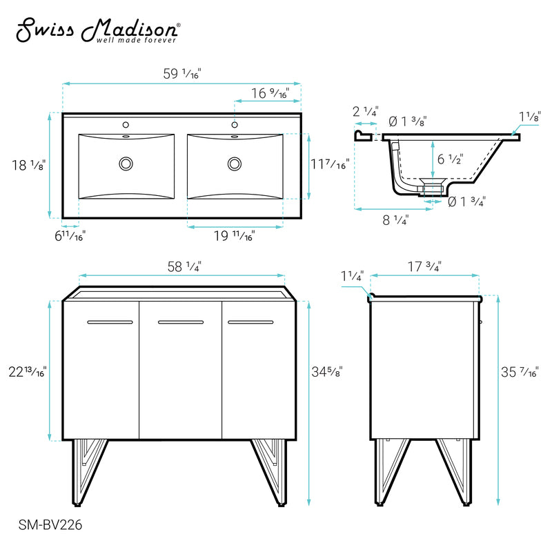 Swiss Madison Annecy 60 Double, Black Walnut, Two Doors, One Drawer, Bathroom Vanity