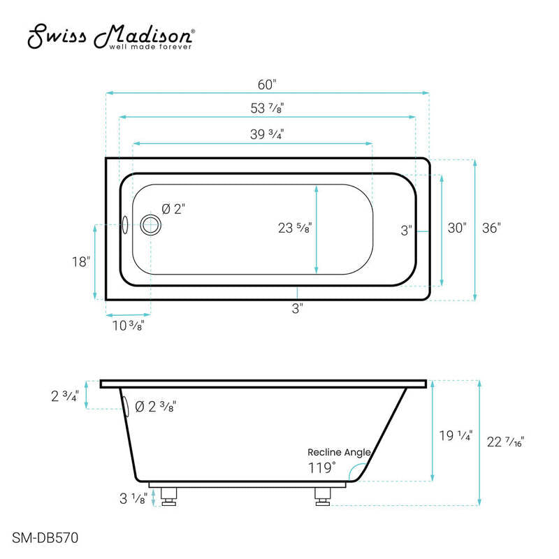 Swiss Madison Voltaire 60"x 36" Reversible Drain Drop-In Bathtub