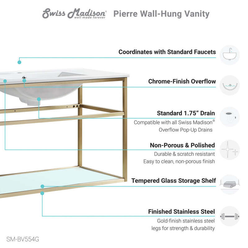 Swiss Madison Pierre 48 Single, Open Shelf, Gold Metal Frame Bathroom Vanity