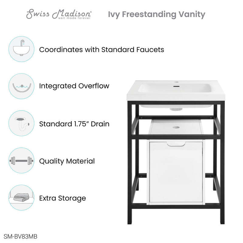 Swiss Madison Ivy 24" Freestanding Bathroom Vanity in Glossy White with Matte Black Frame