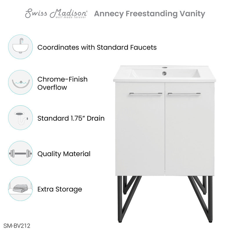 Swiss Madison Annecy 24 Single, Glossy White, Two Doors, Bathroom Vanity