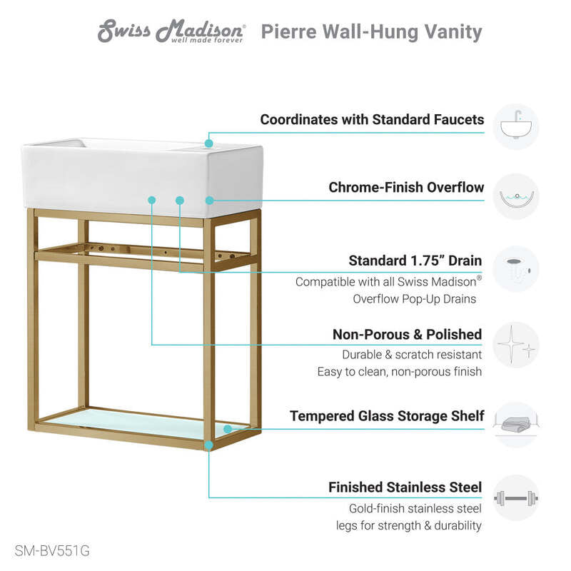 Swiss Madison Pierre 19.5 Single, Open Shelf, Gold Metal Frame Bathroom Vanity
