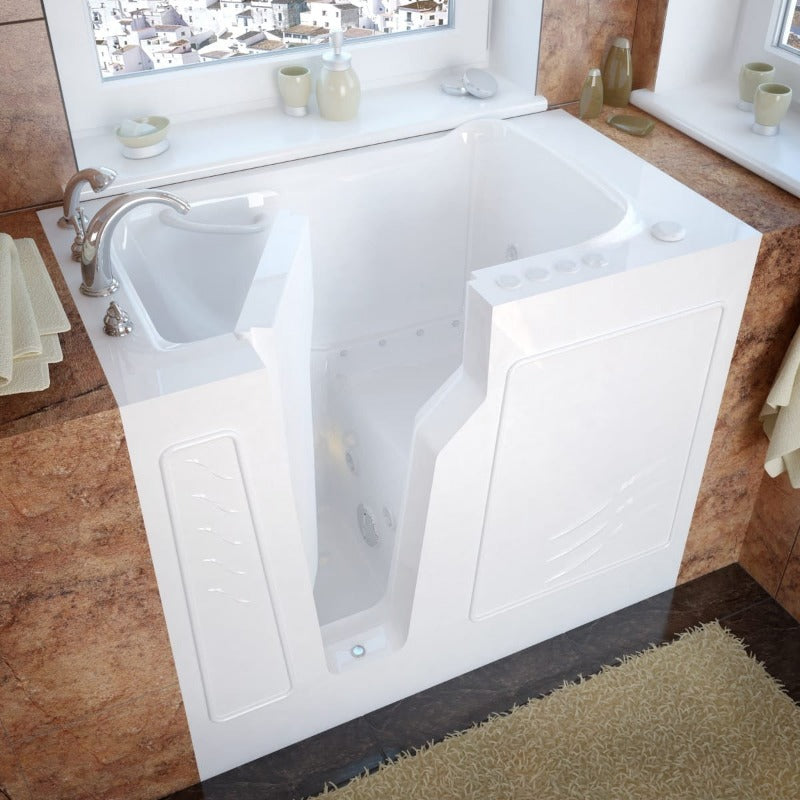 MediTub 46" Fiberglass Air / Whirlpool Walk In Tub for Alcove, Corner, or Single Wall Installations with Left Drain, Drain Assembly, Overflow and 14" Panel