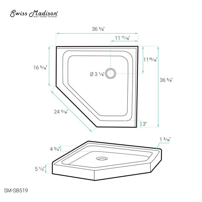 Swiss Madison Voltaire 36 x 36 Acrylic White, Single-Threshold, Center Drain, Neo-angle Shower Base
