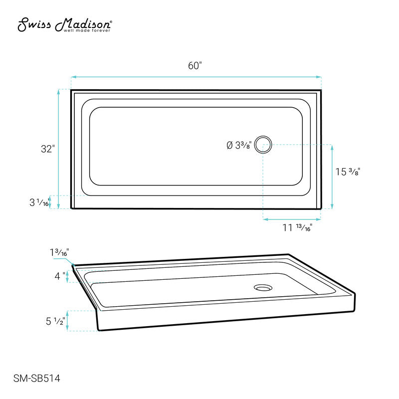 Swiss Madison Voltaire 60 x 36 Acrylic Black, Single-Threshold, Right Drain, Shower Base